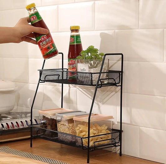 Black Metal 2-Layer Kitchen Spice Rack Organizer