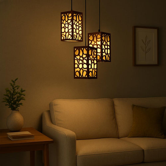 Modern Golden Wooden Pendant Light – 40 Inch Hanging Ceiling Lamp (Dark Brown)