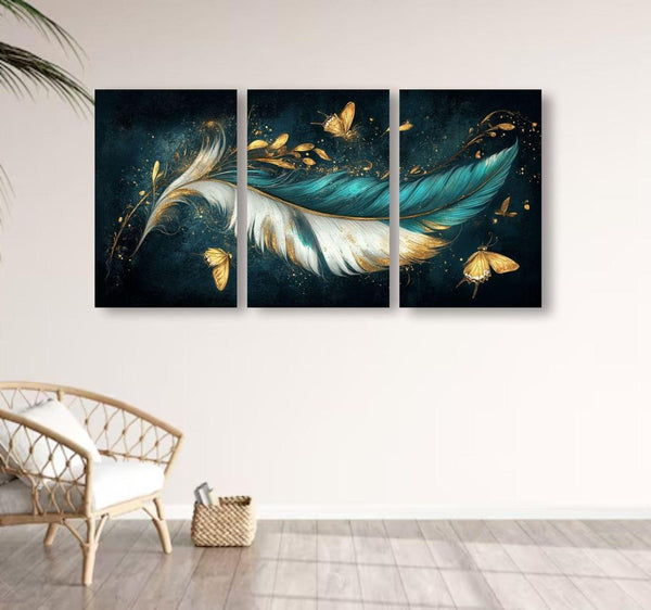 Abstract Art Wall Frame Set (3 Pcs) – Wooden Teal Gold