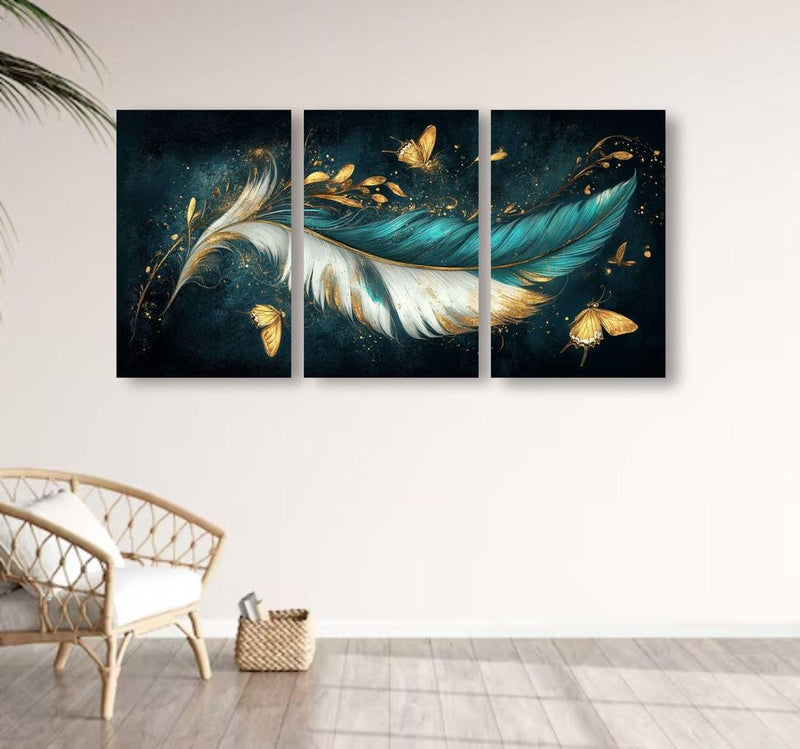 Abstract Art Wall Frame Set (3 Pcs) – Wooden Teal Gold