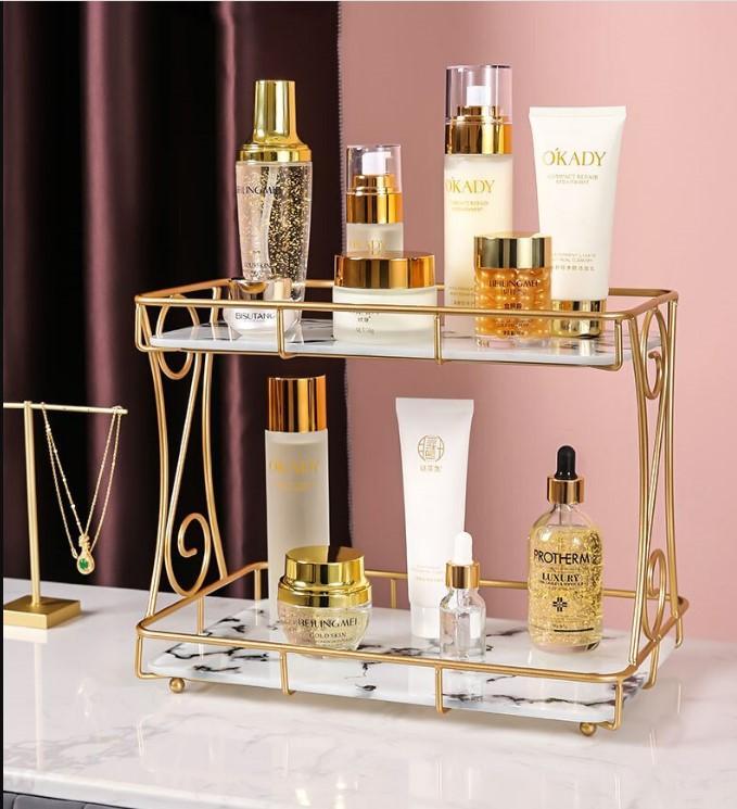 Golden Double Layer Makeup Organizer Rack with Leak-Proof Storage