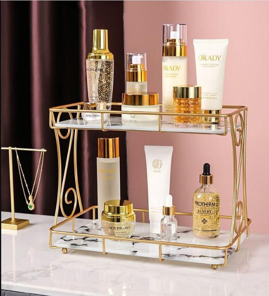 Golden Double Layer Makeup Organizer Rack with Leak-Proof Storage