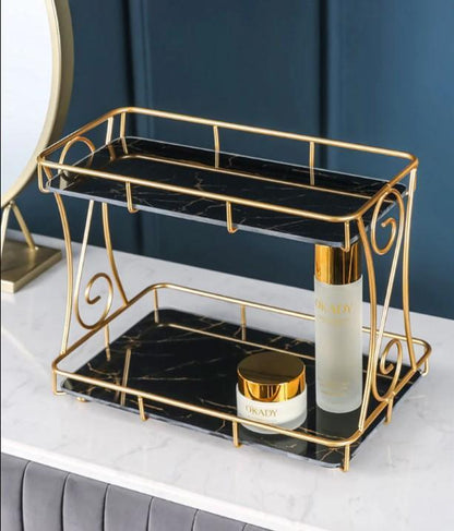 Golden Double Layer Makeup Organizer Rack with Leak-Proof Storage