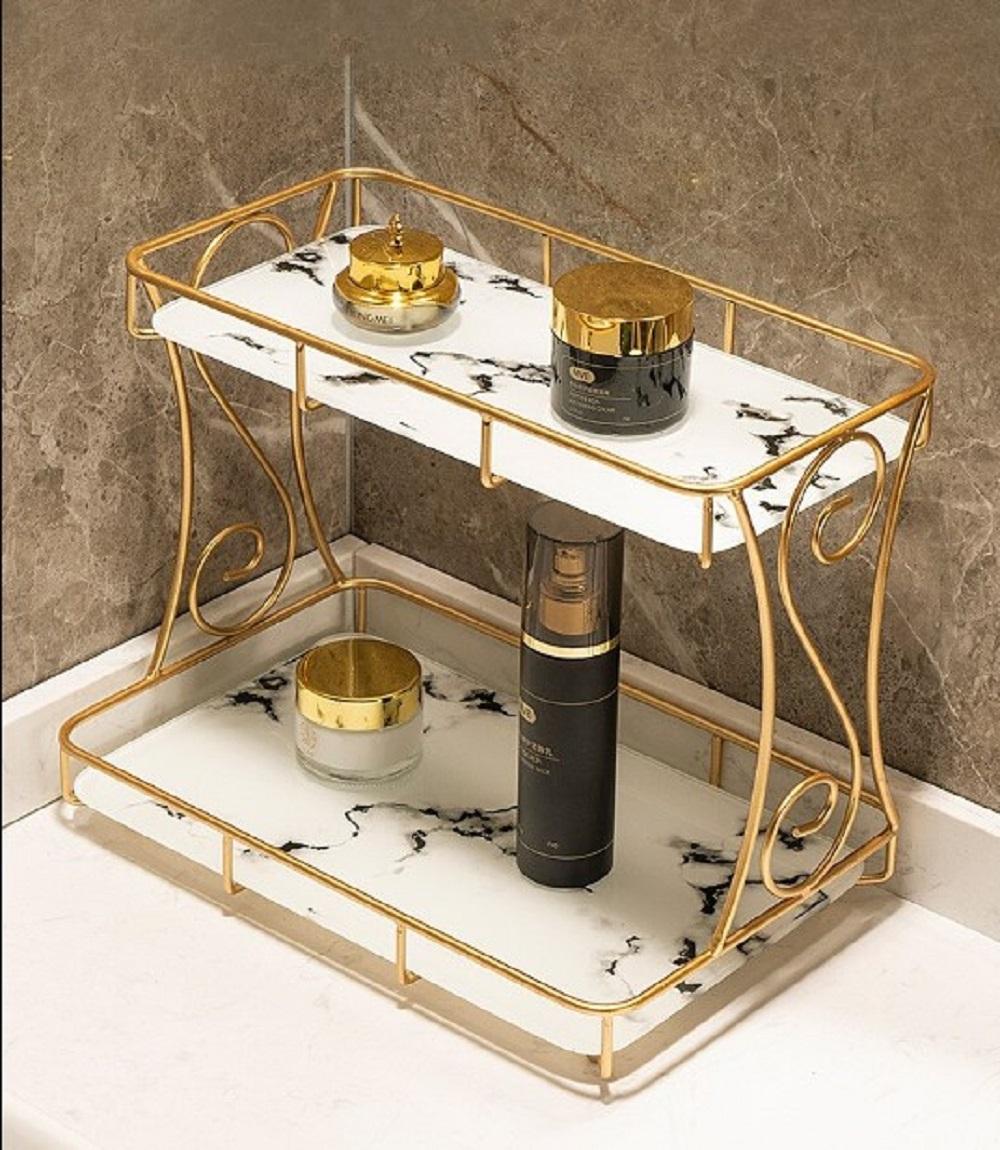 Golden Double Layer Makeup Organizer Rack with Leak-Proof Storage