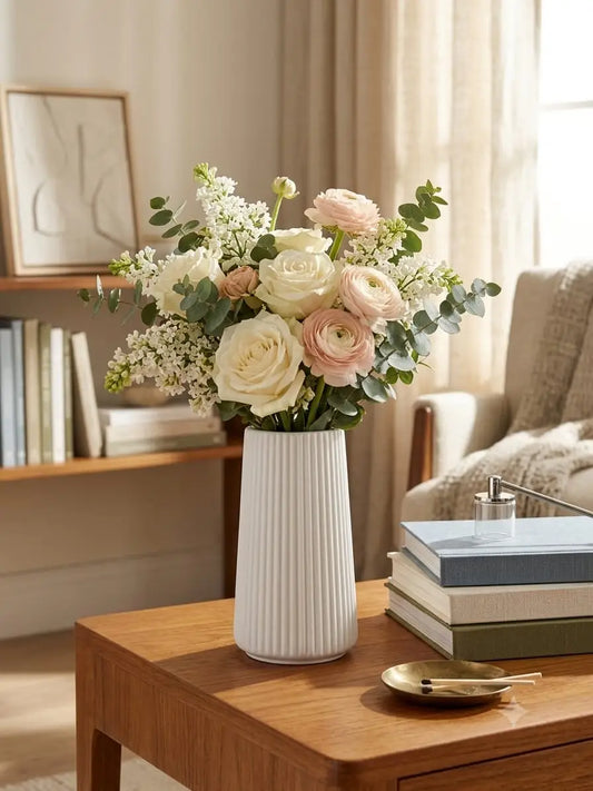 Minimalist Ribbed White Flower Vase | Modern Home Decor | SH Home Mart