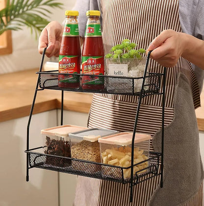 Black Metal 2-Layer Kitchen Spice Rack Organizer