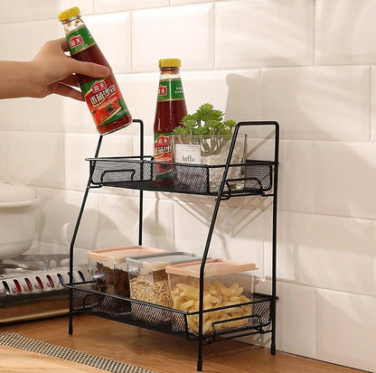 Black Metal 2-Layer Kitchen Spice Rack Organizer