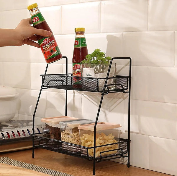Black Metal 2-Layer Kitchen Spice Rack Organizer