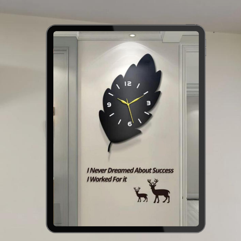 3D Leaf Wooden Wall Clock – Black & Golden Hands